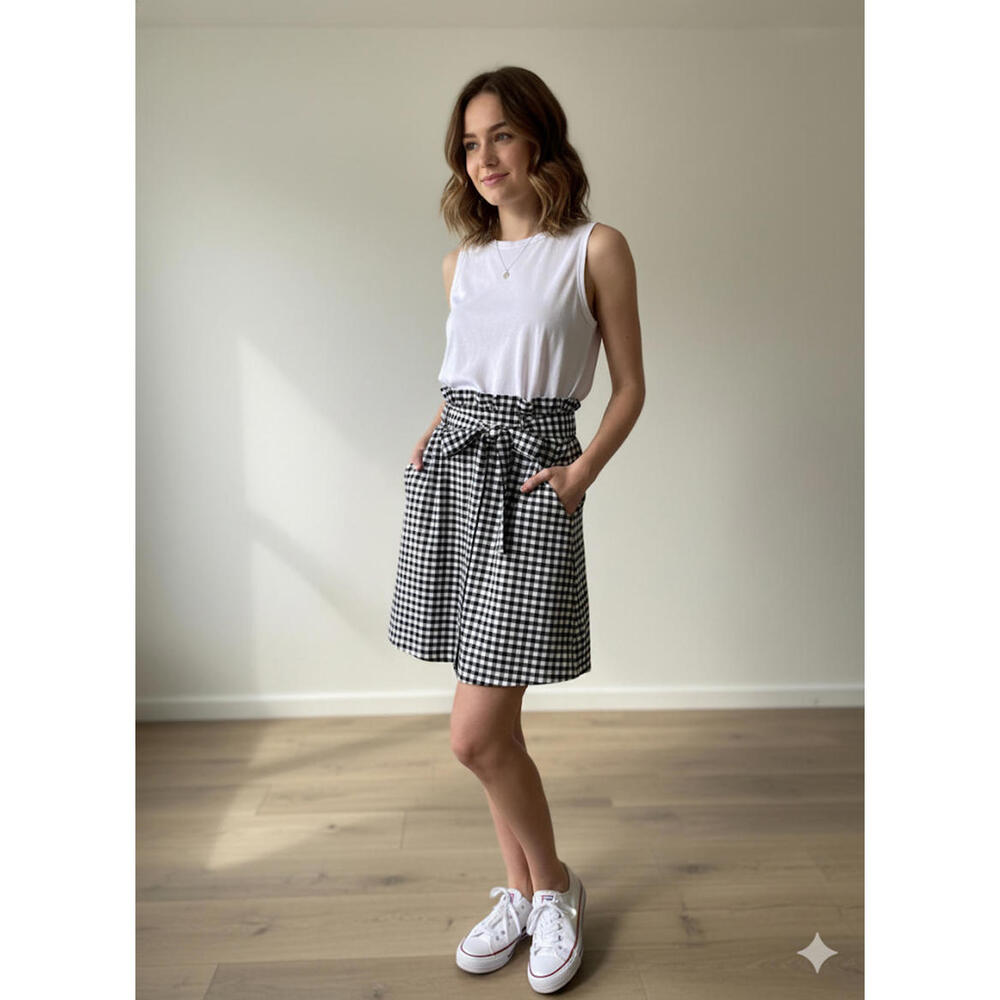 Cynthia Rowley Black & White Gingham Paperbag Skirt Tie Belt